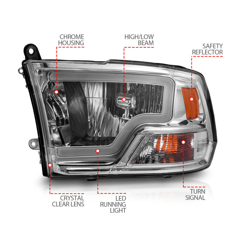 ANZO 111516 FITS 111516 - FITS: 2009-2018 Dodge Ram 1500/ 2500/ 3500 Crystal Headlights w/ Light Bar Chrome Housing