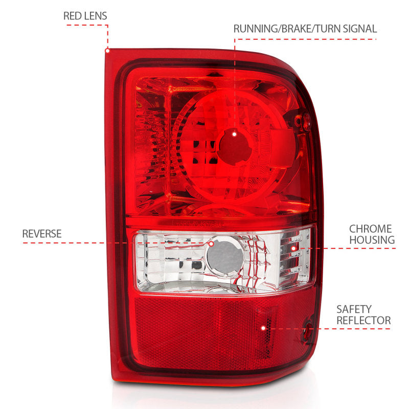 ANZO 211182 FITS 2001-2011 Ford Ranger Taillights w/ Red/Clear Lens (OE Replacement) Pair