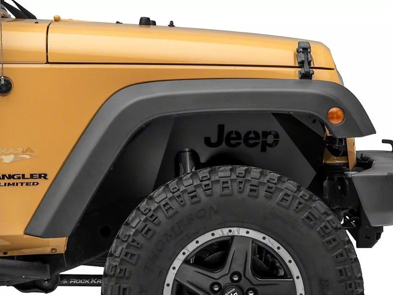 Officially Licensed Jeep oljJ157737 FITS 07-18 Wrangler JK Aluminum Inner Fender Liners w/ Jeep Logo- Front-Txt Blk