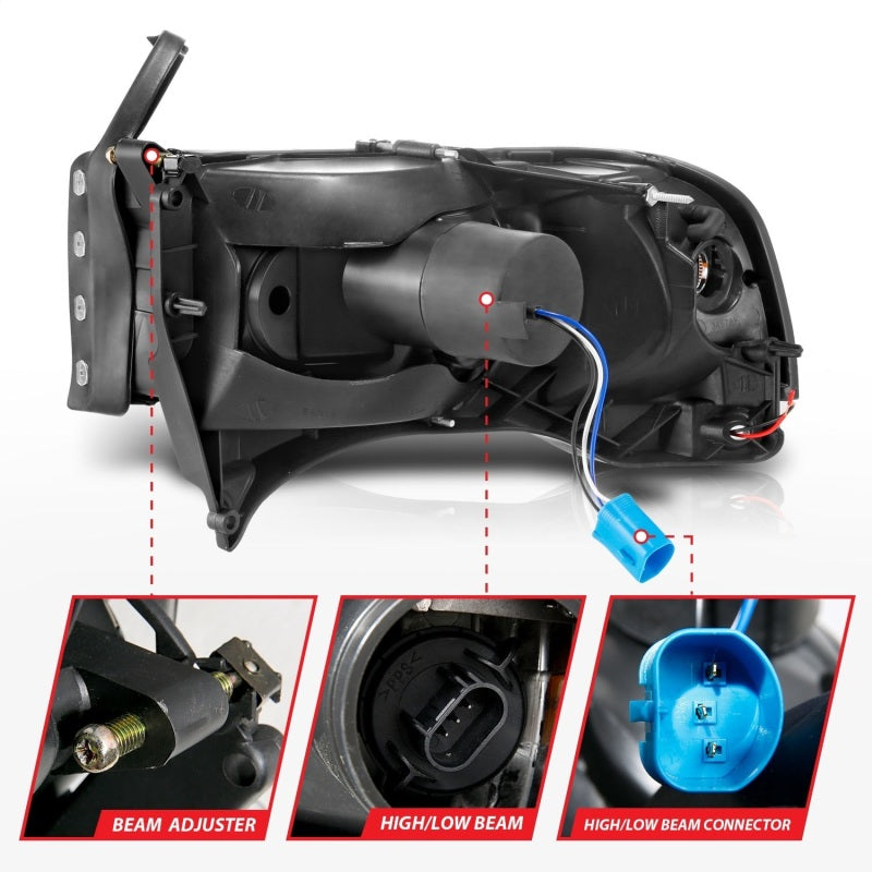ANZO 111554 FITS 111554 - FITS: 94-02 Dodge RAM Crystal Headlightw/ Light Bar Black Housing