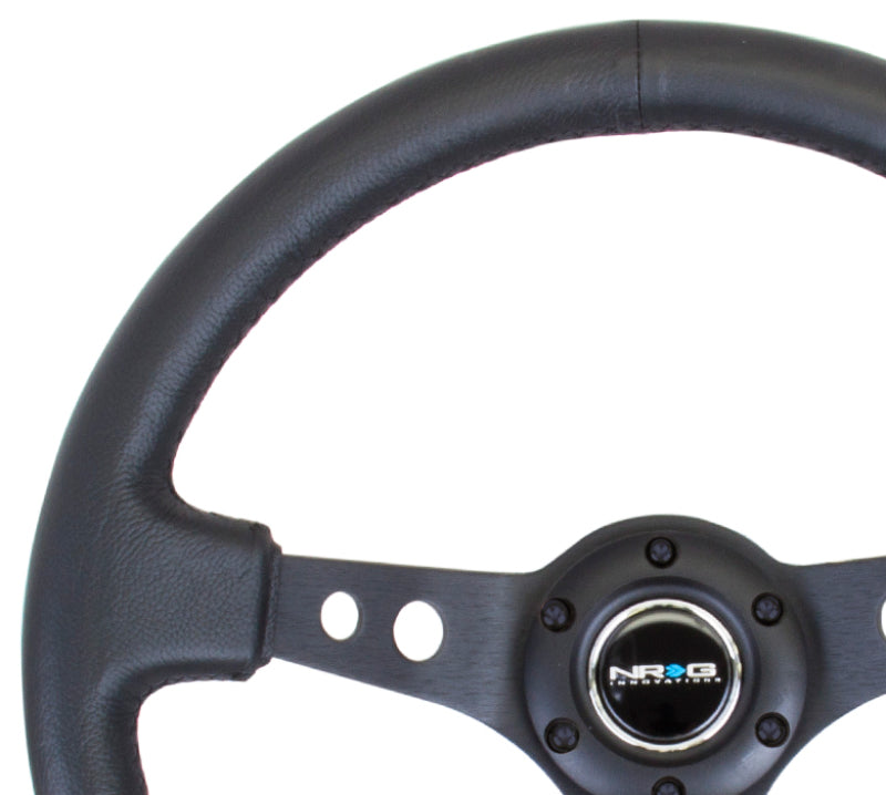 NRG Reinforced Steering Wheel (350mm / 3in. Deep) Blk Leather w/Blk Spoke & Circle Cutouts - free shipping - Fastmodz