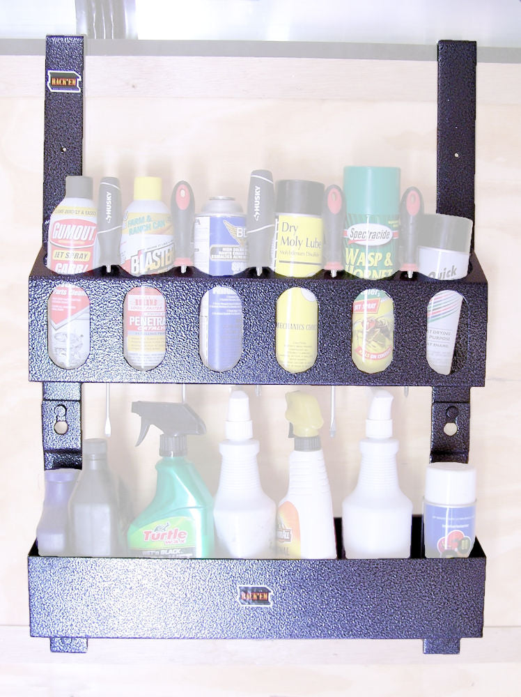 RACK'EM MFG RA-10AB Tool Organizer Top Rack Is Designed To Hold Aerosol Cans  Such As Spray Lube  Paint  Pesticides And More In The Large Holes. The Smaller Holes On Top Can Fit Screwdrivers  Ratchets And More