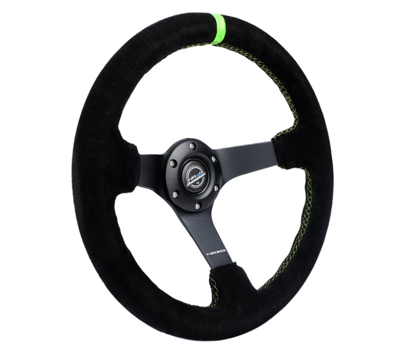 NRG RST-036MB-S-GN - Reinforced Steering Wheel 350mm/3in. Deep Blk Suede/ Neon Green Stitch w/5mm Matte Black Spoke