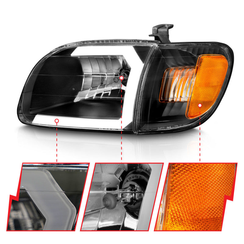 ANZO 111579 FITS 111579 - FITS: 00-04 Toyota Tundra (Fits Reg/Acc Cab Only) Crystal Headlights w/Light Bar Black w/Corner Light