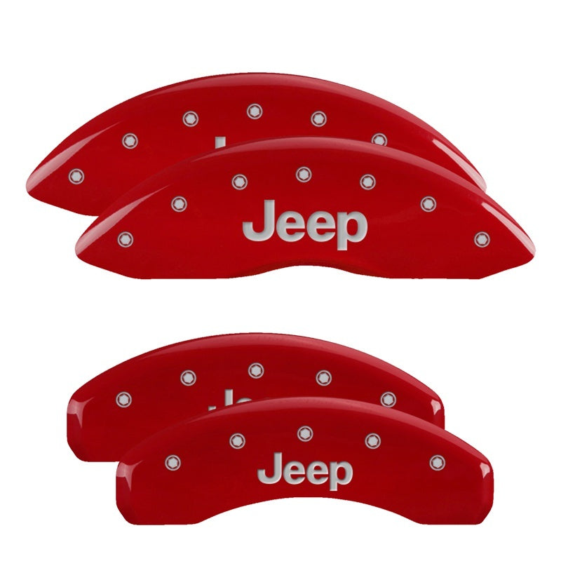 MGP 42020SJEPRD - 4 Caliper Covers Engraved Front & Rear 11-18 Jeep Grand Cherokee Red Finish Silver Jeep Logo