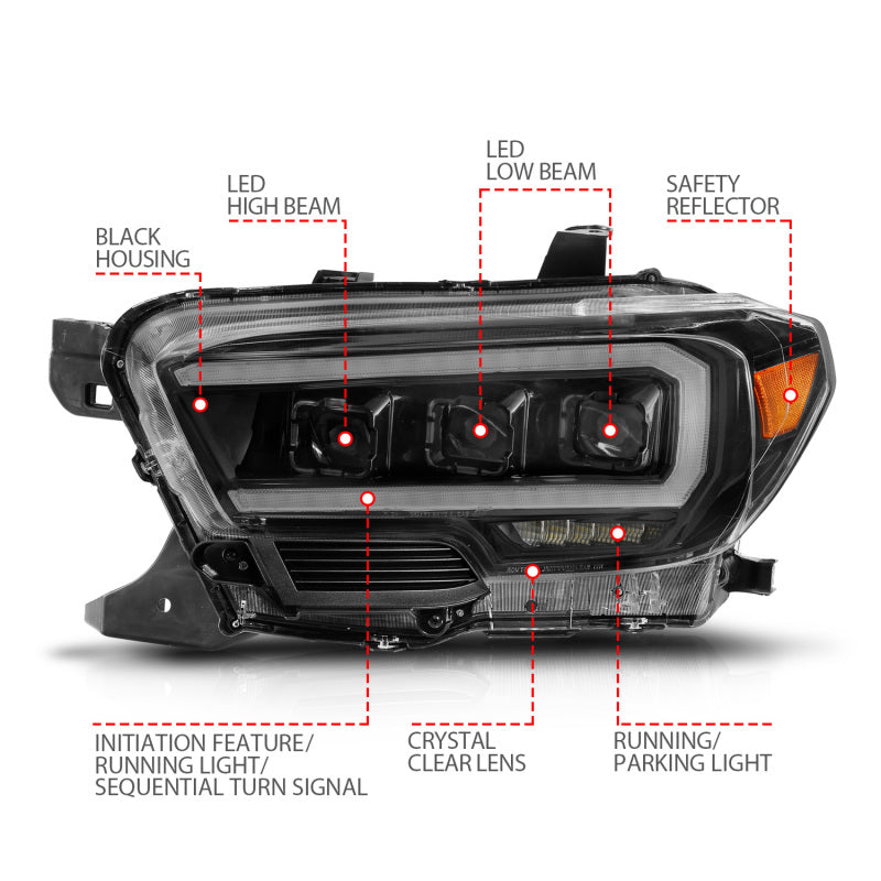 ANZO 111563 -  FITS: 16-22 Toyota Tacoma LED Projector Headlights w/ Light Bar Sequential Black Housing w/Initiation