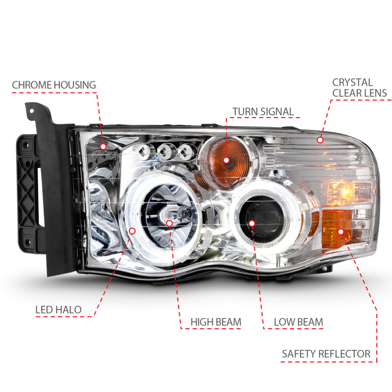 ANZO 111491 -  FITS: 2002-2005 Dodge Ram 1500 Projector Headlights w/ Halo Chrome Clear Amber