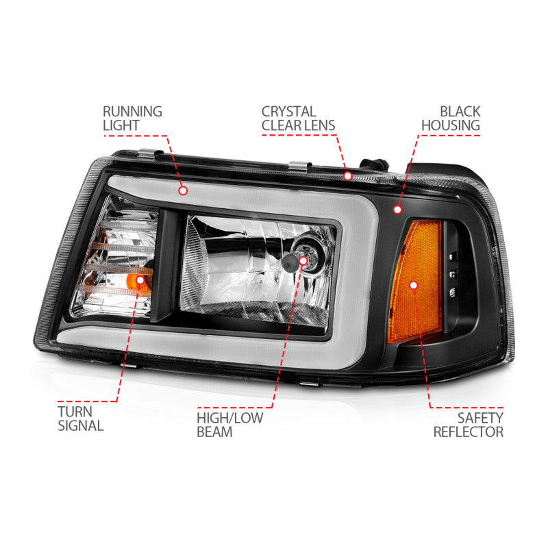 ANZO 111511 FITS: 2001-2011 Ford Ranger Crystal Headlights w/ Light Bar Black Housing