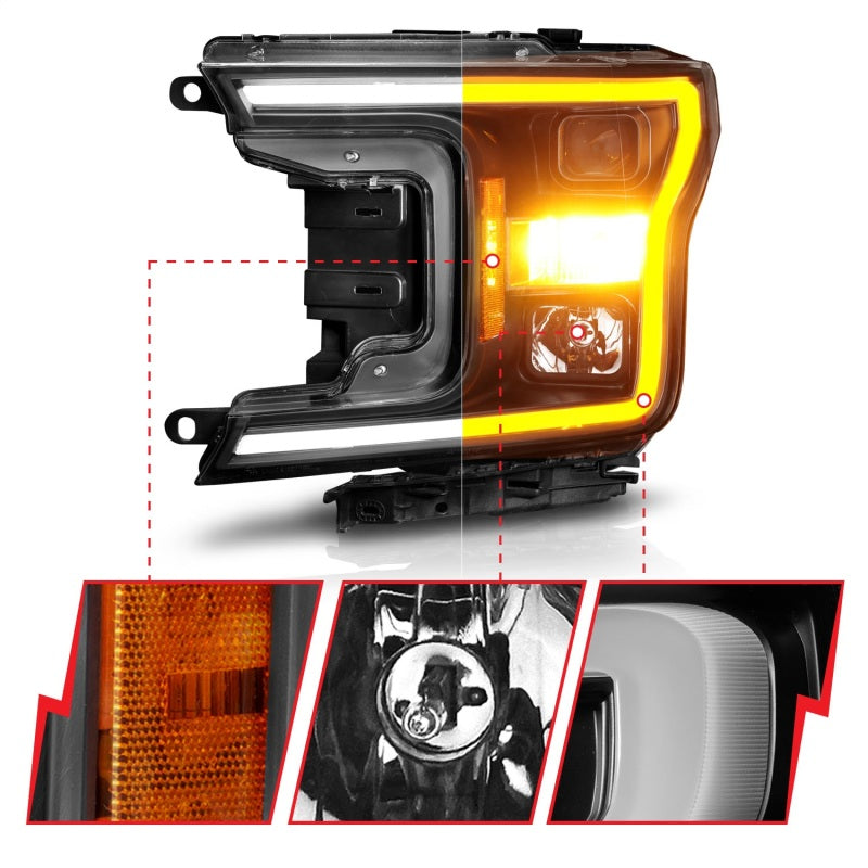 ANZO 111509 FITS: 2018-2020 Ford F-150 Projector Headlight w/ Plank Style Switchback Black Housing