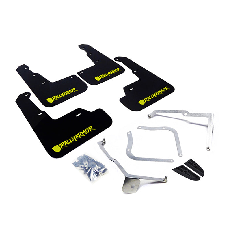Rally Armor MF32-UR-BLK/CGN-X FITS: 15-18 Subaru WRX/STi Sedan UR Black Mud Flap w/ Green Logo and Altered Font