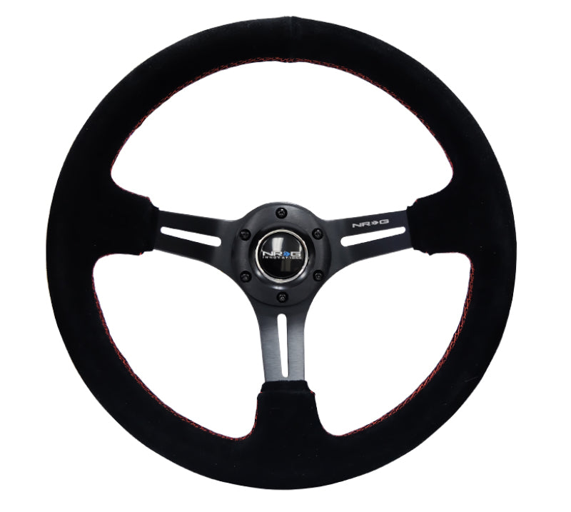 NRG Reinforced Steering Wheel (350mm / 3in. Deep) Blk Suede w/Red Stitching & 5mm Spokes w/Slits - free shipping - Fastmodz