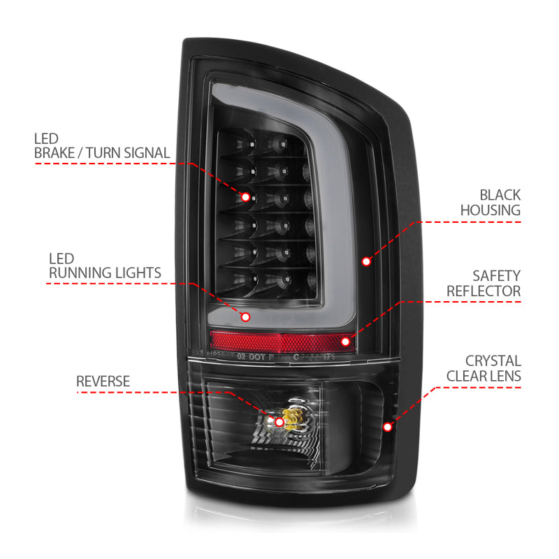 ANZO 311368 FITS 311368 FITS: 2002-2006 Dodge Ram 1500 LED Tail Lights w/ Light Bar Black Housing Clear Lens