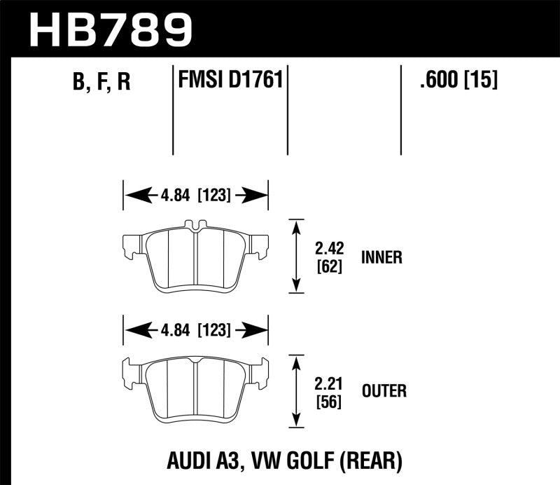 Hawk Performance KHB789B.600 FITS Hawk 15-17 Audi A3/A3 Quattro HPS 5.0 Rear Brake Pads