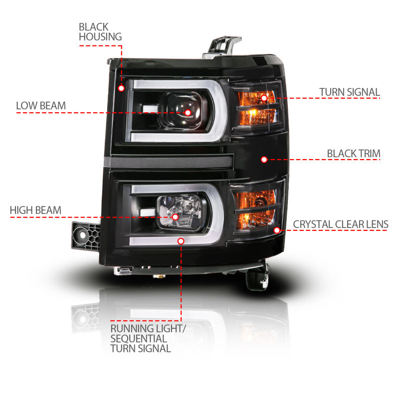 Anzo 14-15 Chevy Silverado 1500 Black Dual Switchback+Sequential LED Tube Sq. Projector Headlights