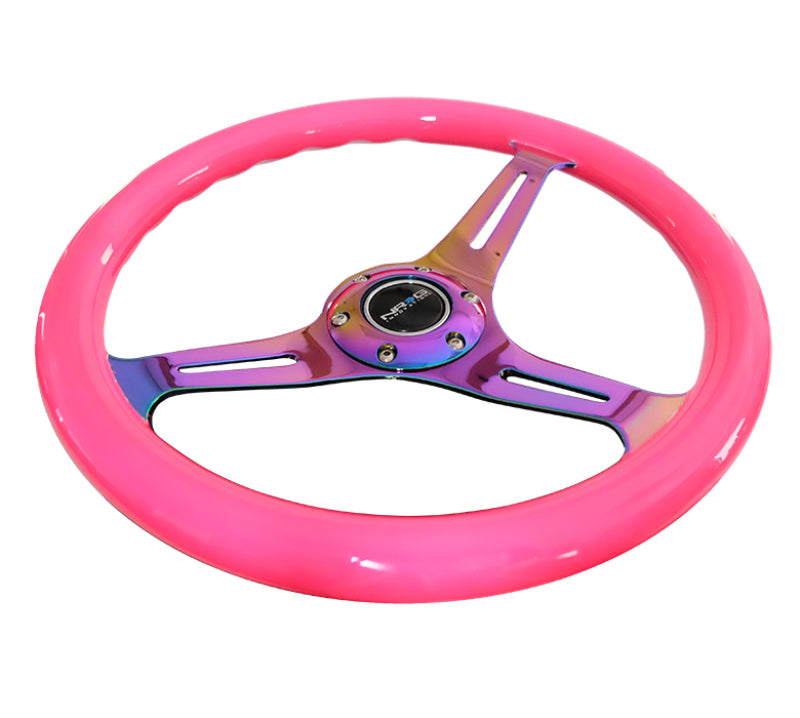 NRG ST-015MC-NPK - Classic Wood Grain Steering Wheel (350mm) Neon Pink Painted Grip w/Neochrome 3-Spoke Center