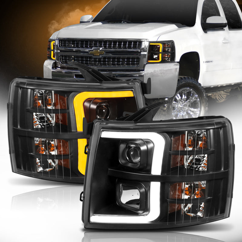 ANZO - [product_sku] - ANZO 07-13 Chevrolet Silverado 1500 Plank Style Projector Headlights Black w/ Amber - Fastmodz