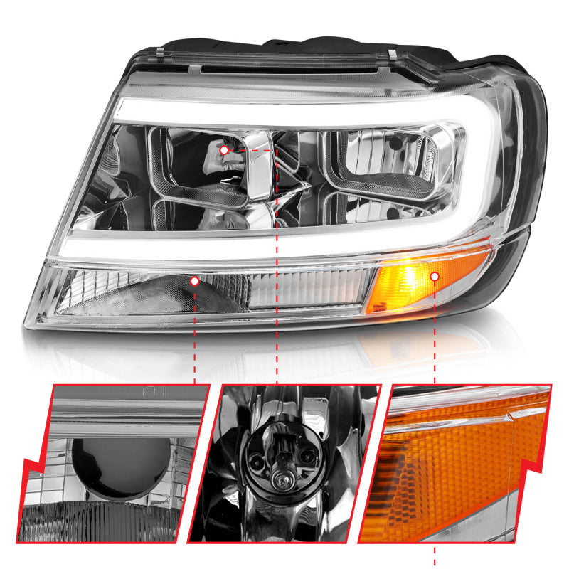 ANZO 111538 FITS 1999-2004 Jeep Grand Cherokee Crystal Headlights w/ Light Bar Chrome Housing