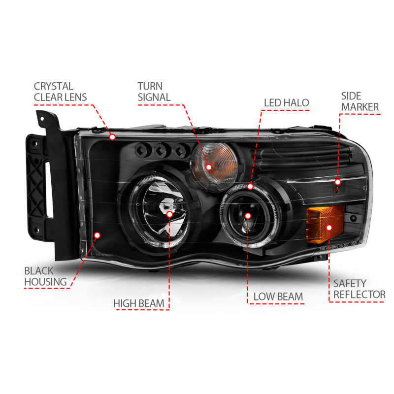 ANZO 111490 -  FITS: 2002-2005 Dodge Ram 1500 Projector Headlights w/ Halo Black Clear Amber