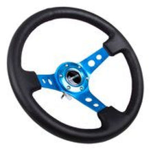 Load image into Gallery viewer, NRG RST-006BL - Reinforced Steering Wheel (350mm / 3in. Deep) Blk Leather w/Blue Circle Cutout Spokes