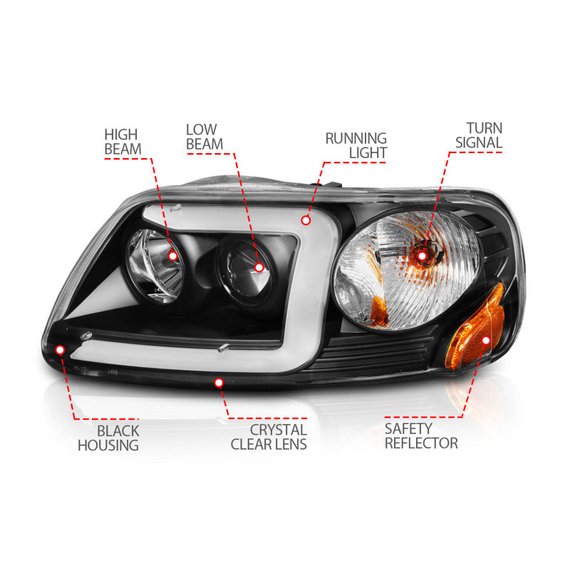 ANZO 111503 -  FITS: 1997-2003 Ford F-150 Projector Headlights w/ Light Bar Black Housing