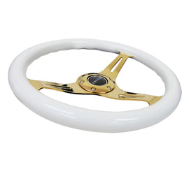 NRG ST-015CG-WT - Classic Wood Grain Steering Wheel (350mm) White Grip w/Chrome Gold 3-Spoke Center