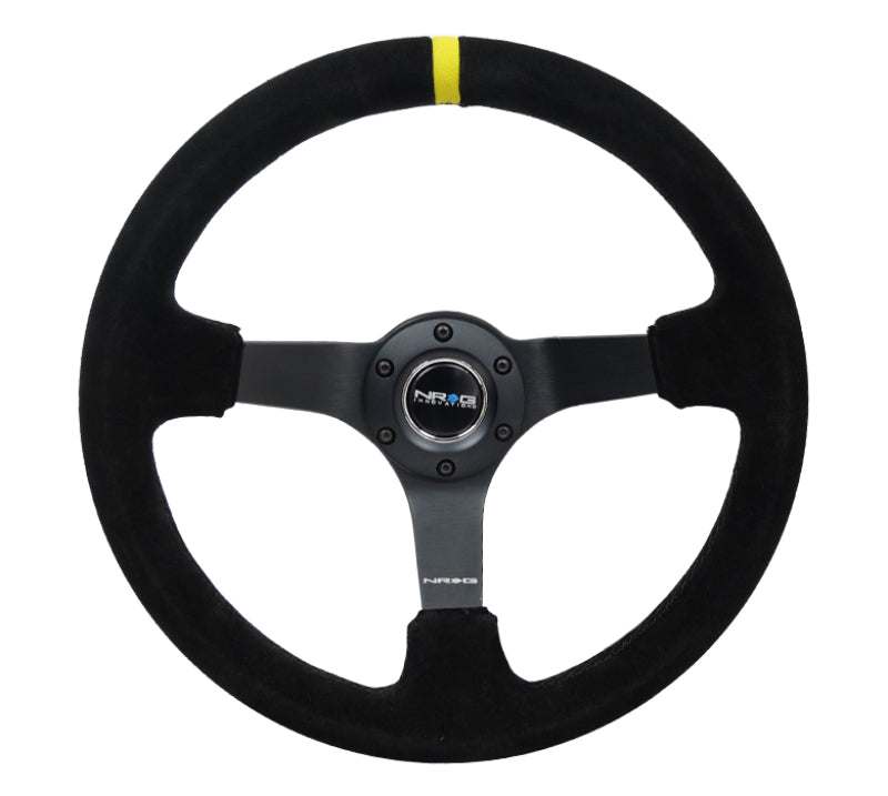 NRG RST-036MB-S-Y - Reinforced Steering Wheel (350mm / 3in. Deep) Blk Suede/X-Stitch w/5mm Blk Spoke & Yellow CM