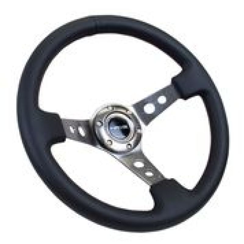 NRG Reinforced Steering Wheel (350mm / 3in. Deep) Blk Leather w/Gunmetal Circle Cutout Spokes - free shipping - Fastmodz