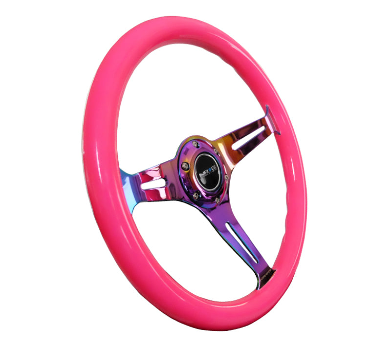 NRG ST-015MC-NPK - Classic Wood Grain Steering Wheel (350mm) Neon Pink Painted Grip w/Neochrome 3-Spoke Center