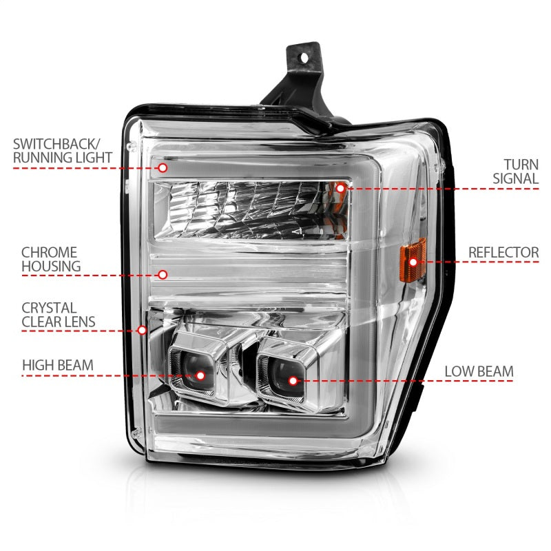ANZO 111587 FITS 08-10 Ford F-250F-550 Super Duty Projector Headlights w/ Light Bar Switchback Chrome Housing