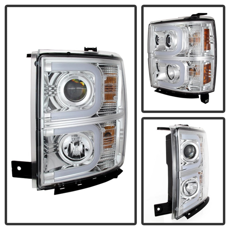 SPYDER 5079480 - Spyder Chevy Silverado 1500 14-16 Projector Headlights Light Bar DRL Chrm PRO-YD-CS14-LBDRL-C