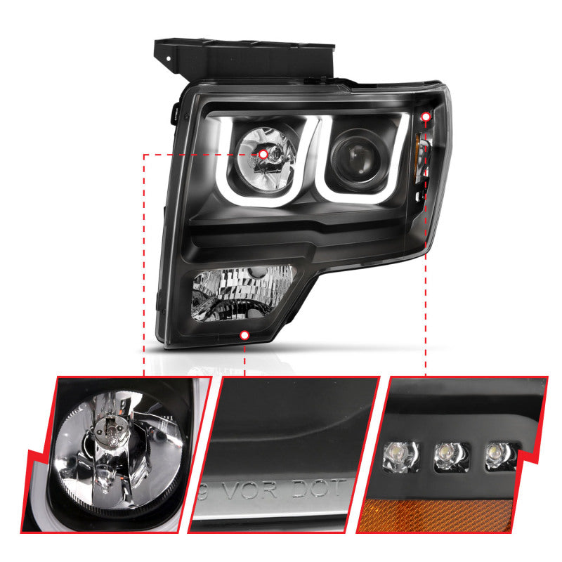 ANZO - [product_sku] - ANZO 2009-2014 Ford F-150 Projector Headlights w/ U-Bar Switchback Black w/ Amber - Fastmodz