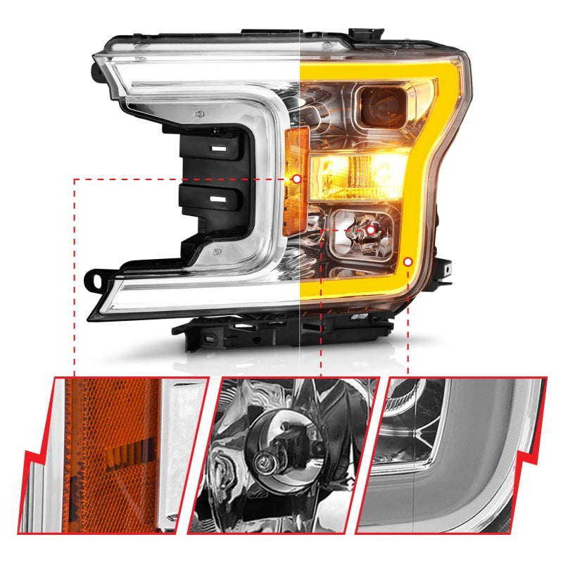 ANZO 111510 -  FITS: 2018-2020 Ford F-150 Projector Headlight w/Plank Style Switchback Chrome Housing