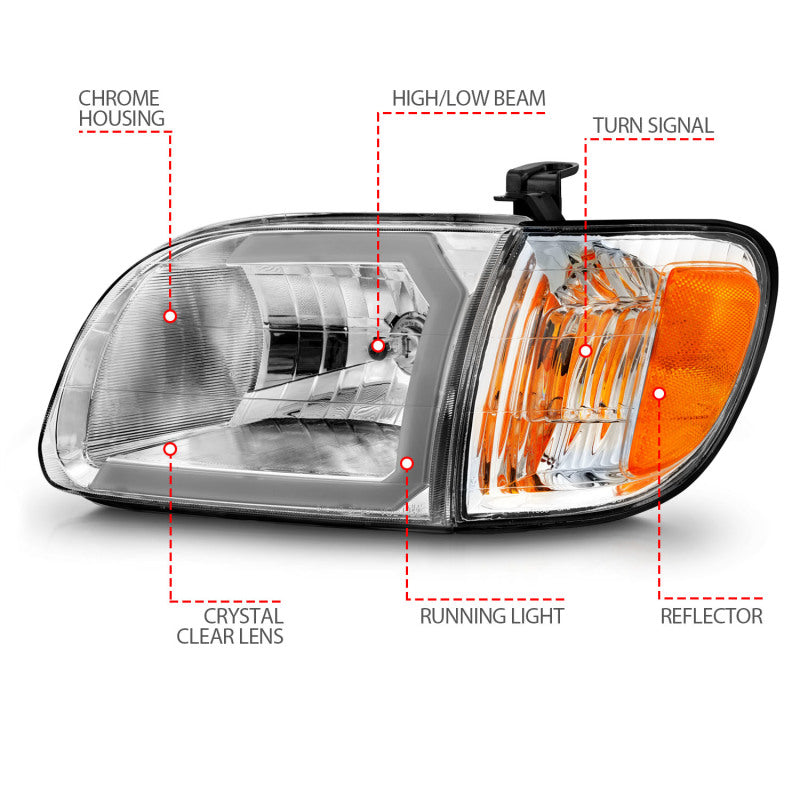 ANZO 111580 FITS 00-04 Toyota Tundra (Reg/Acc Cab Only) Crystal Headlights w/Lgt Bar Chrome w/Corner Lights 2pc