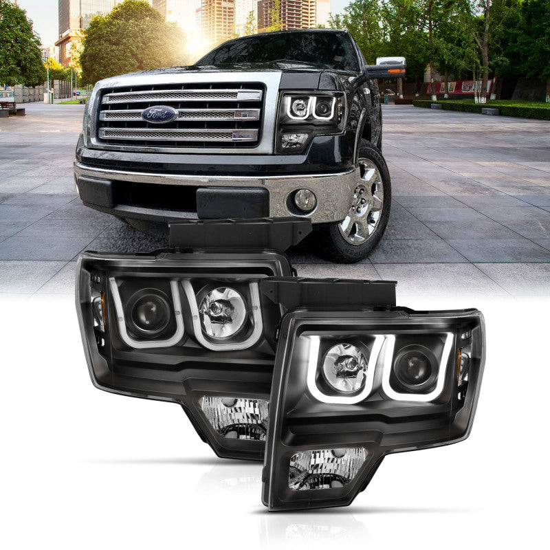 ANZO - [product_sku] - ANZO 2009-2014 Ford F-150 Projector Headlights w/ U-Bar Switchback Black w/ Amber - Fastmodz