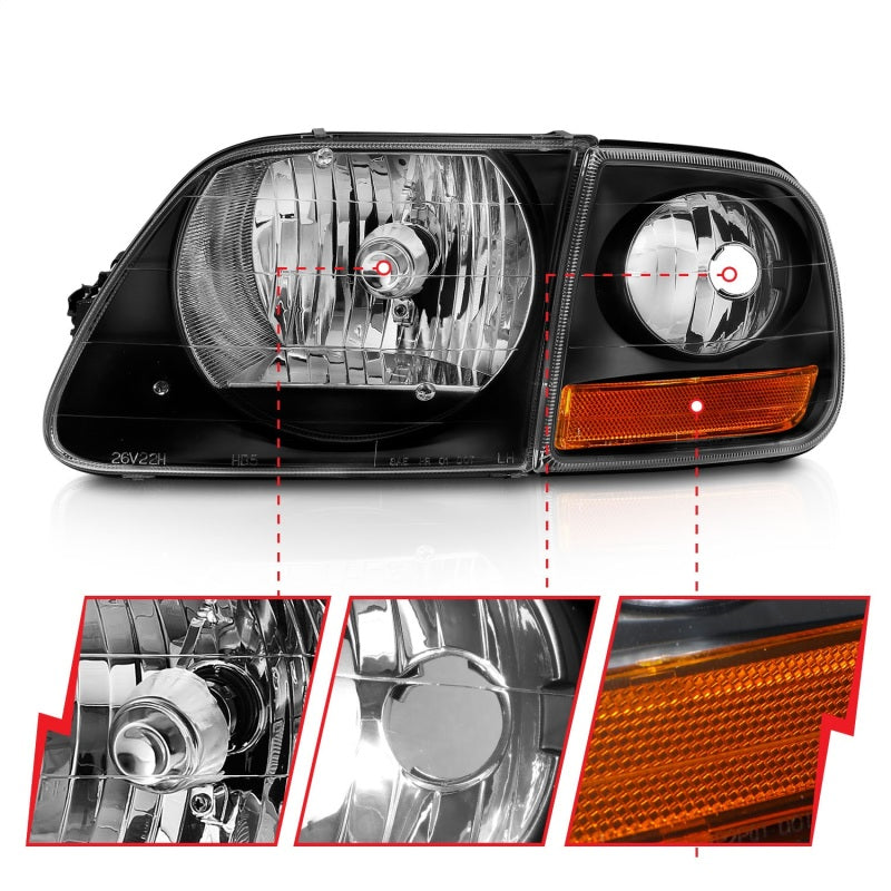 ANZO 111460 FITS 1997-2003 Ford F150 Crystal Headlight Black w/ Parking Light