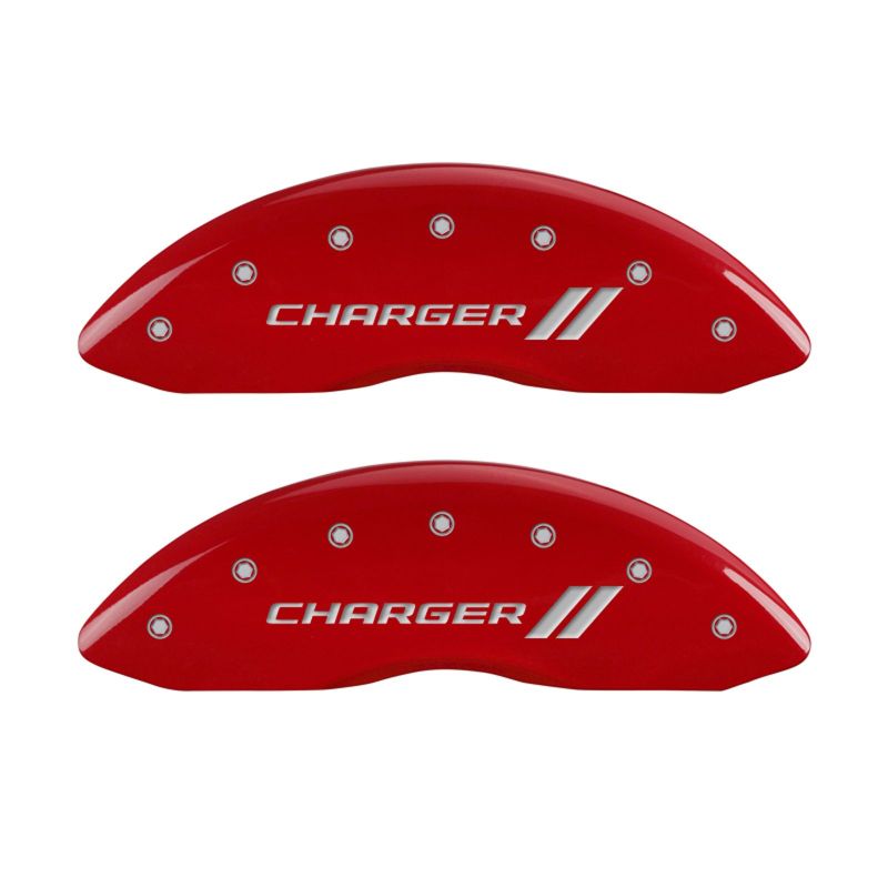 MGP 12162SCH1RD FITS 4 Caliper Covers Engraved Front & Rear With stripes/Charger Red finish silver ch