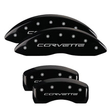 Load image into Gallery viewer, MGP 13008SCV6BK FITS 4 Caliper Covers Engraved Front &amp; Rear C6/Corvette Black finish silver ch