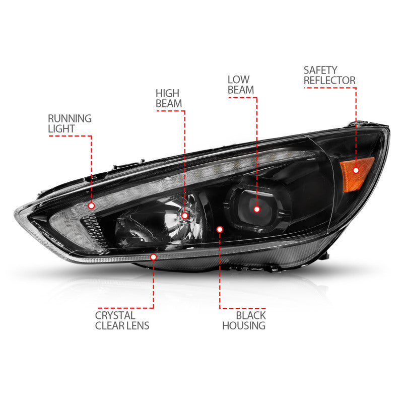 ANZO 121564 FITS 15-18 Ford Focus Projector Headlightsw/ Light Bar Switchback Black Housing