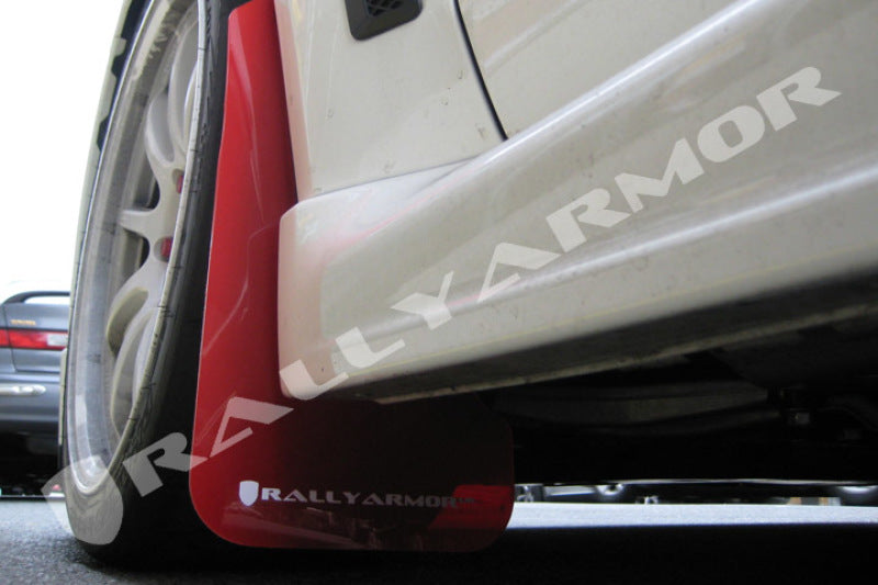 Rally Armor MF10-UR-RD/WH FITS: 2008+ Mitsubishi EVO X UR Red Mud Flap w/ White Logo