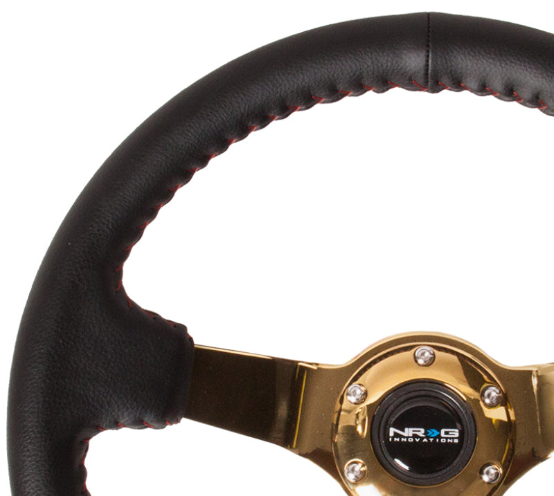 NRG Reinforced Steering Wheel (350mm / 3in. Deep) Blk Leather/Red BBall Stitch w/4mm Gold Spokes - free shipping - Fastmodz