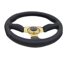 Load image into Gallery viewer, NRG Reinforced Steering Wheel (350mm / 2.5in. Deep) Leather Race Comfort Grip w/4mm Gold Spokes - free shipping - Fastmodz