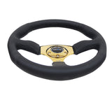 NRG RST-023GD-R - Reinforced Steering Wheel (350mm / 2.5in. Deep) Leather Race Comfort Grip w/4mm Gold Spokes