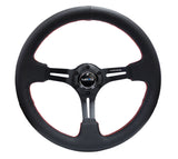 NRG RST-018R-RS - Reinforced Steering Wheel (350mm / 3in. Deep) Black Leather/Red Stitch & Blk 3-Spoke w/Slits