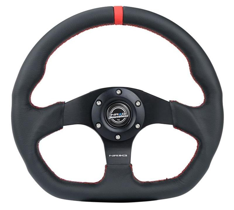 NRG RST-024MB-R-RD - Reinforced Steering Wheel (320mm) Sport Leather Flat Bottom w/ Red Center Mark/ Red Stitching