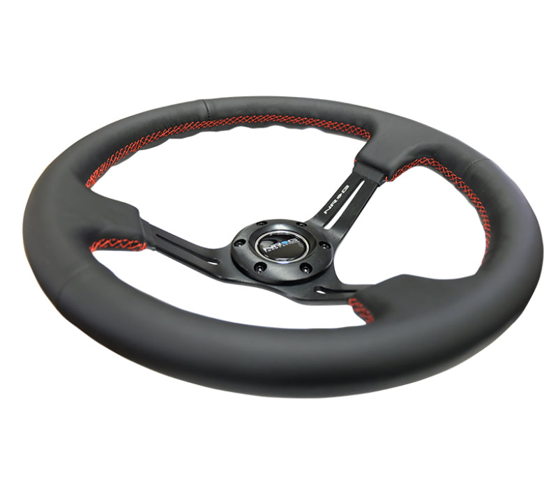 NRG Reinforced Steering Wheel (350mm / 3in. Deep) Black Leather/Red Stitch & Blk 3-Spoke w/Slits - free shipping - Fastmodz