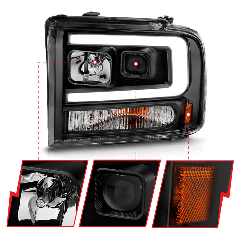 ANZO 111551 FITS 111551 FITS 99-04 Ford F250/F350/F450/Excursion (excl 99) Projector Headlightsw/ Light Bar Black Housing