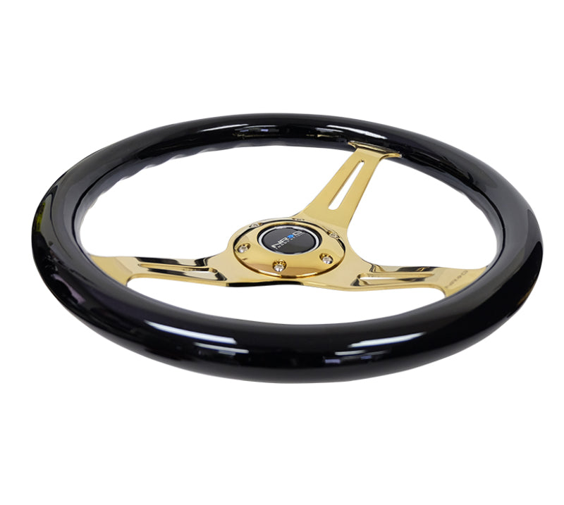 NRG ST-015CG-BK - Classic Wood Grain Steering Wheel (350mm) Black Grip w/Chrome Gold 3-Spoke Center