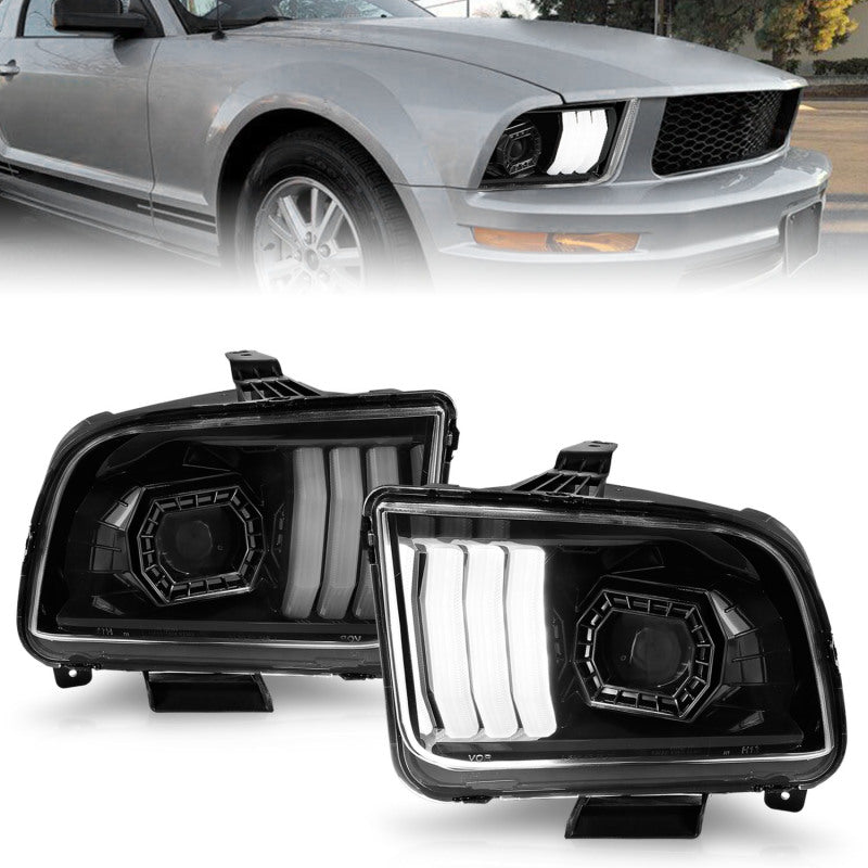 ANZO 121566 FITS 05-09 Ford Mustang (w/Factory Halogen HL Only) Projector Headlights w/Light Bar Black Housing