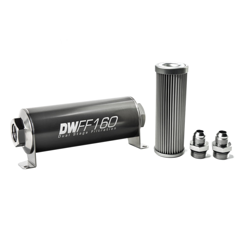 DeatschWerks 8-03-160-010K-8 - Stainless Steel 8AN 10 Micron Universal Inline Fuel Filter Housing Kit (160mm)