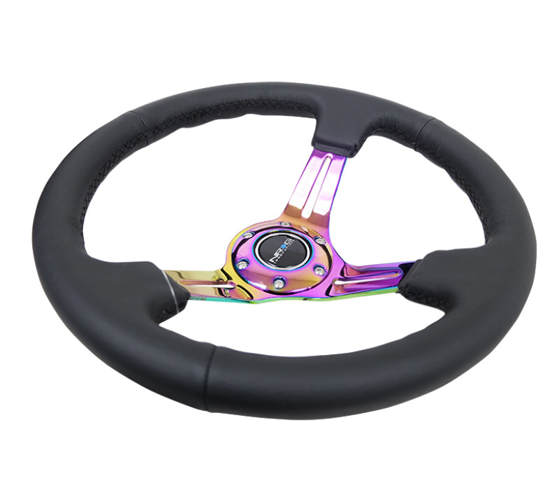 NRG RST-018R-MCBS - Reinforced Steering Wheel (350mm / 3in. Deep) Blk Leather/Blk Stitch w/Neochrome Slits